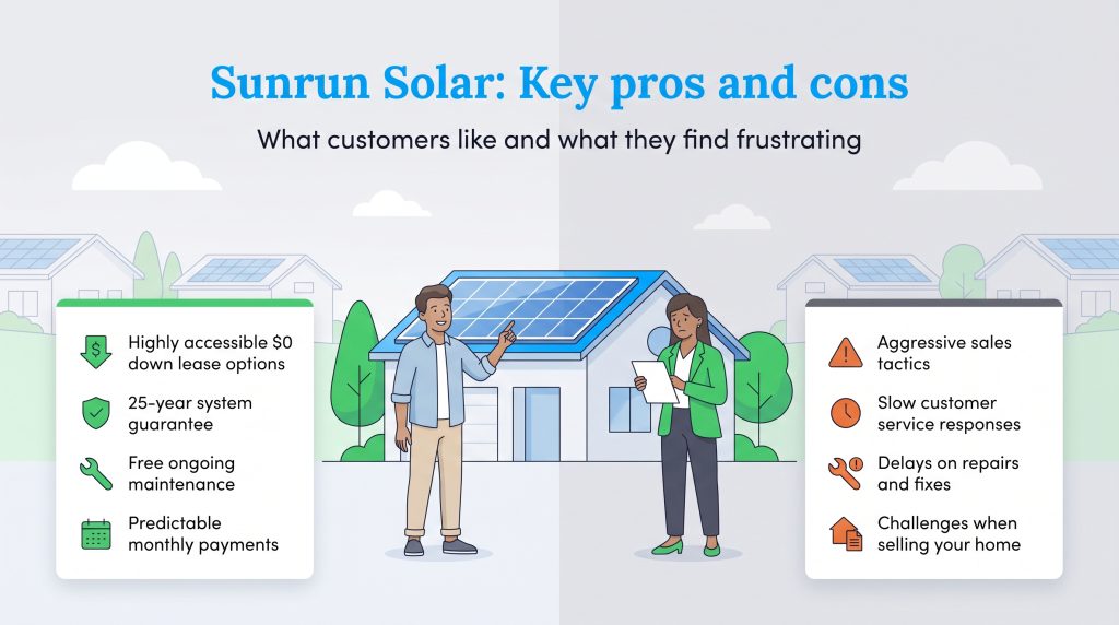 Infographic summarizing customer pros and cons of Sunrun Solar services and leases