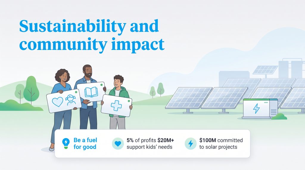 Illustration of a family holding community icons next to solar panels.