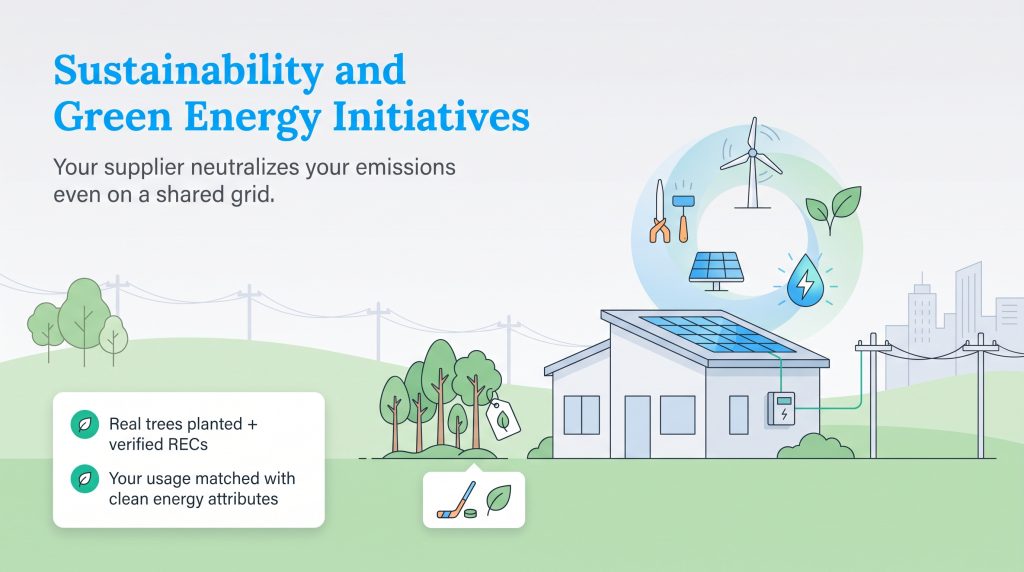 Infographic showing how green energy suppliers neutralize home emissions on a shared grid.