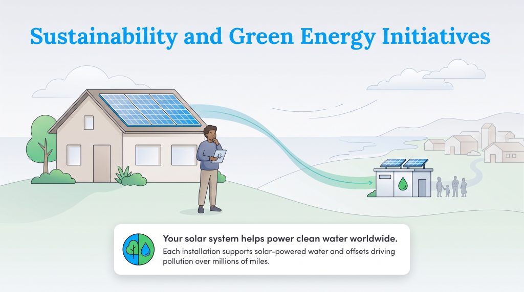 Graphic showing how domestic solar installations support clean water projects globally.