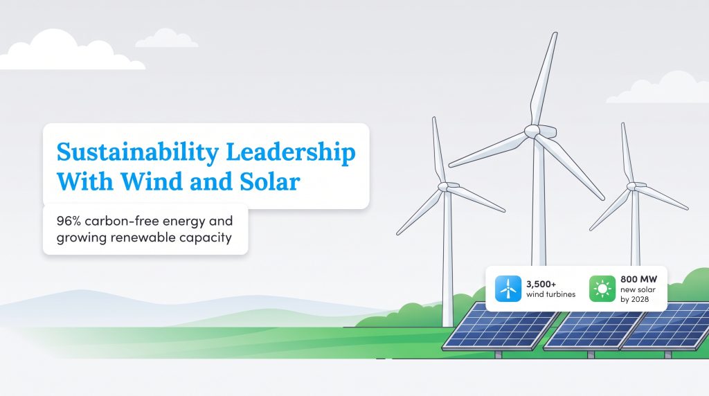 Illustration of wind turbines and solar panels highlighting renewable energy growth.