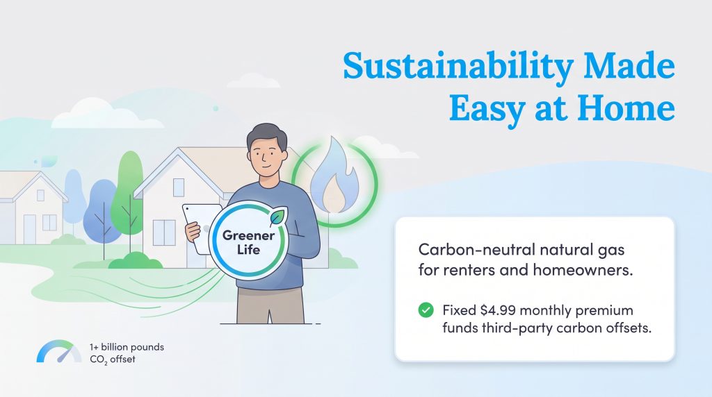 Illustration of a man holding a Greener Life sign promoting eco-friendly natural gas.