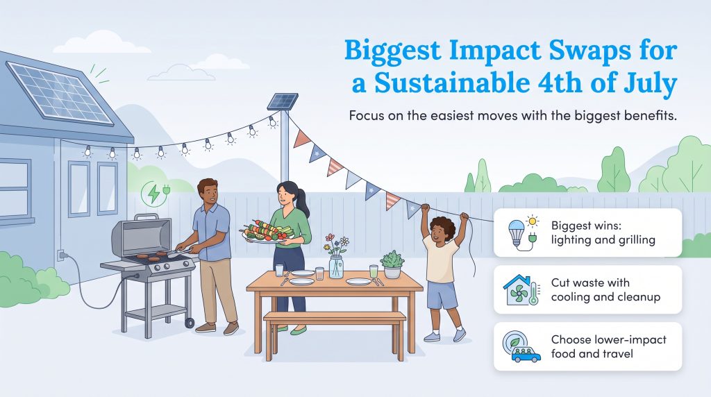Illustration of eco-friendly fourth of July tips like solar energy and electric grilling