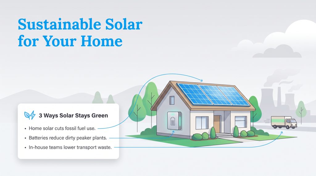 Illustration of a solar home highlighting three environmental benefits of residential solar.