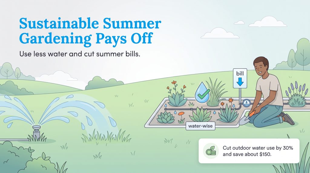 Illustration comparing an inefficient water sprinkler to a water-wise garden that saves money