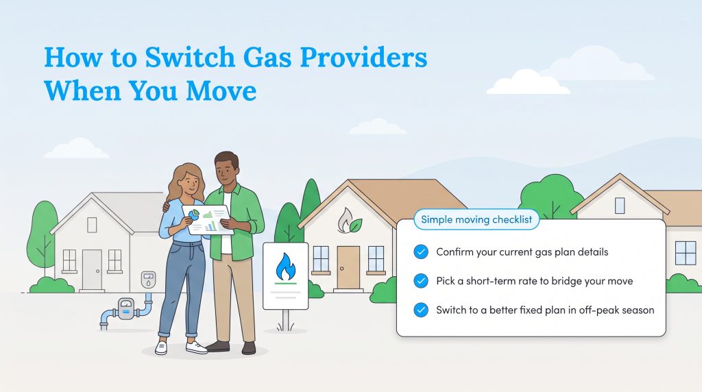 Couple looking at a checklist for switching gas providers when moving houses.