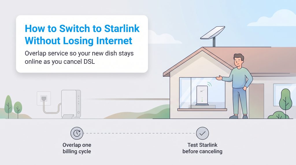 Illustration of how to switch to Starlink internet by overlapping billing cycles.