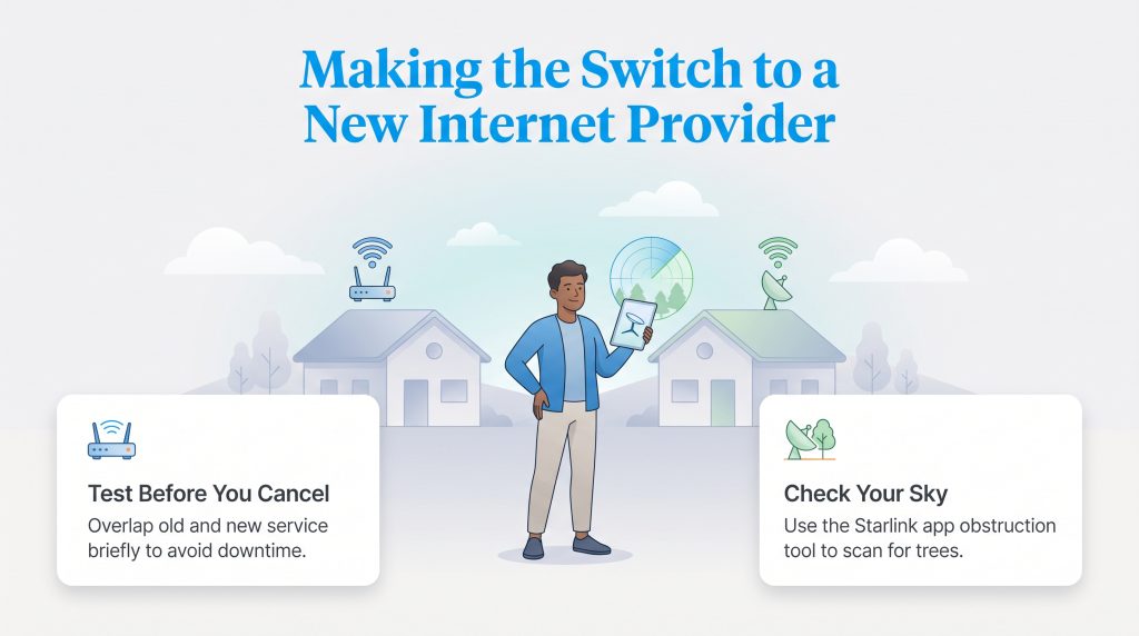 Illustration of switching internet providers by testing overlap and checking sky.