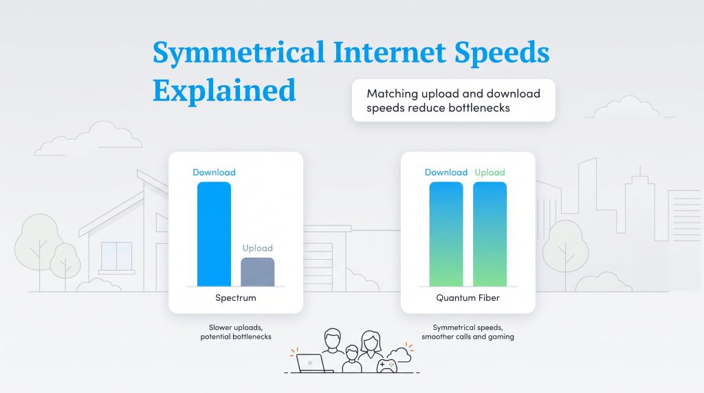 Bar chart comparing asymmetrical Spectrum speeds with symmetrical Quantum Fiber speeds