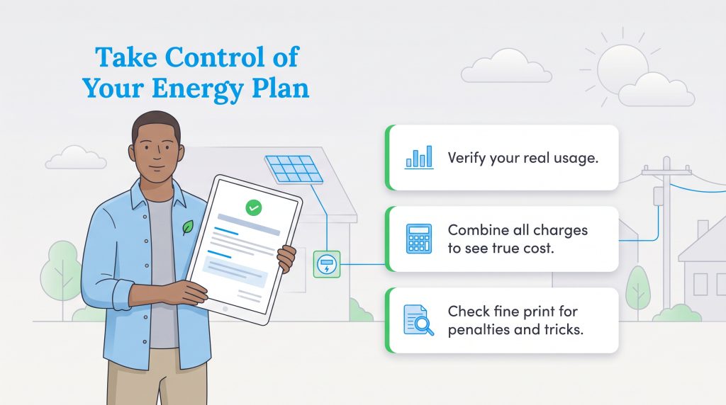 A man holding a tablet next to three steps for choosing the best home energy plan.
