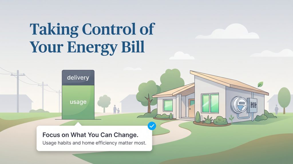 Illustration of a house and energy bill components, focusing on usage habits and efficiency.