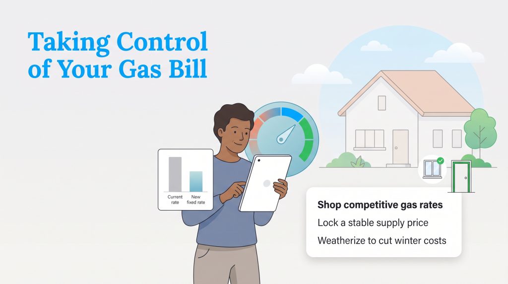 Illustration showing how to control gas bills by shopping rates and weatherizing a house.