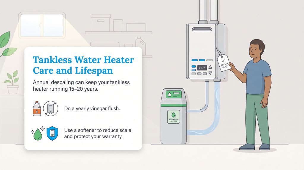 Graphic showing a man inspecting a tankless water heater alongside tips for annual maintenance.