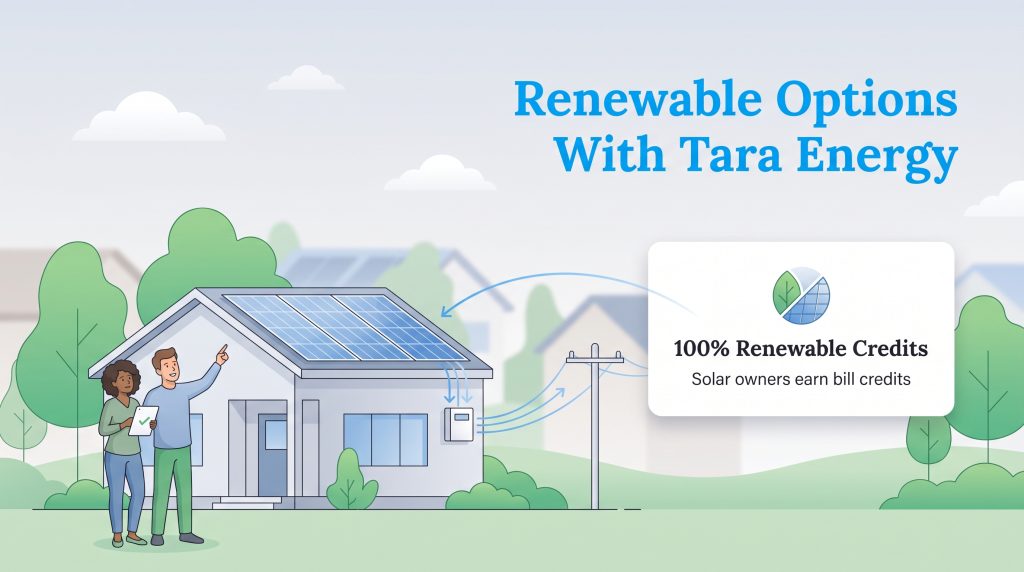 Couple looking at a house with rooftop solar panels connected to power grid meter.