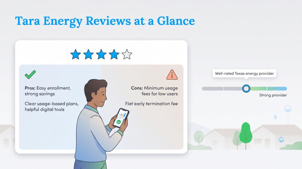 Tara Energy reviews infographic showing pros, cons, and a four-star rating.