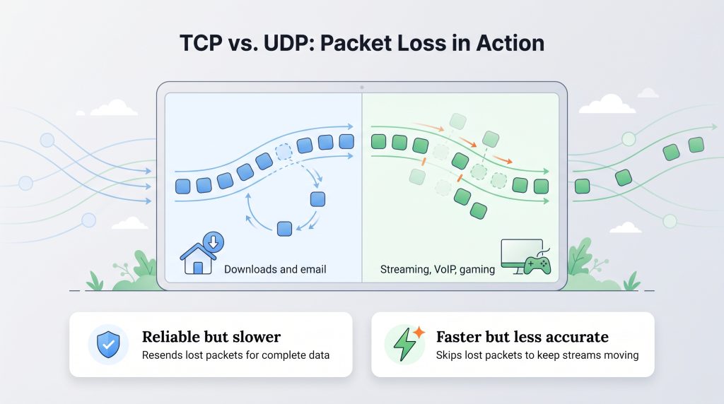 Comparison diagram of TCP resending lost packets versus UDP skipping lost packets