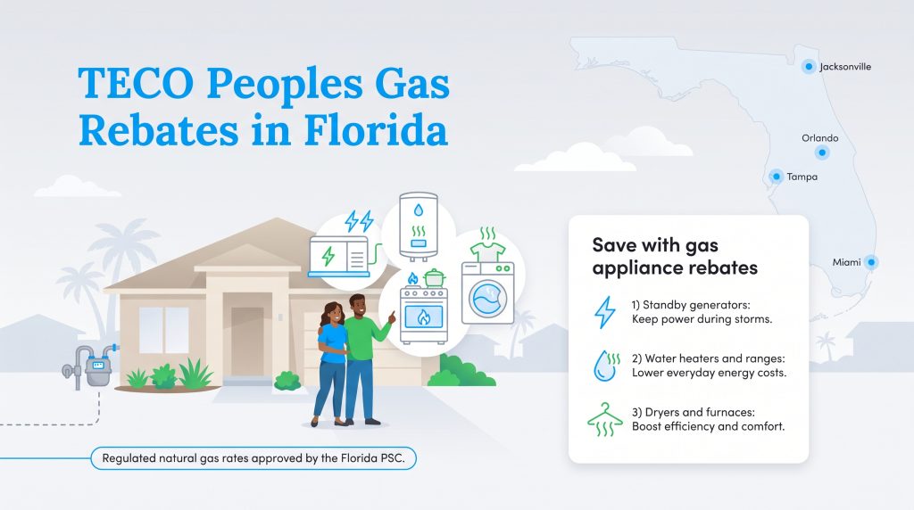 Illustration of a Florida home highlighting TECO Peoples Gas appliance rebates.
