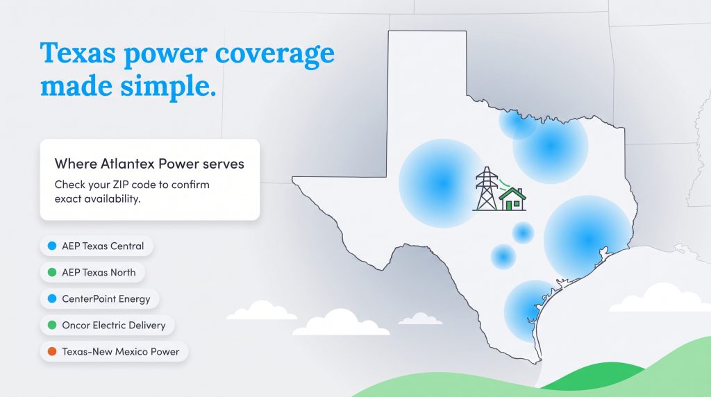 Map of Texas showing the deregulated areas served by Atlantex Power.