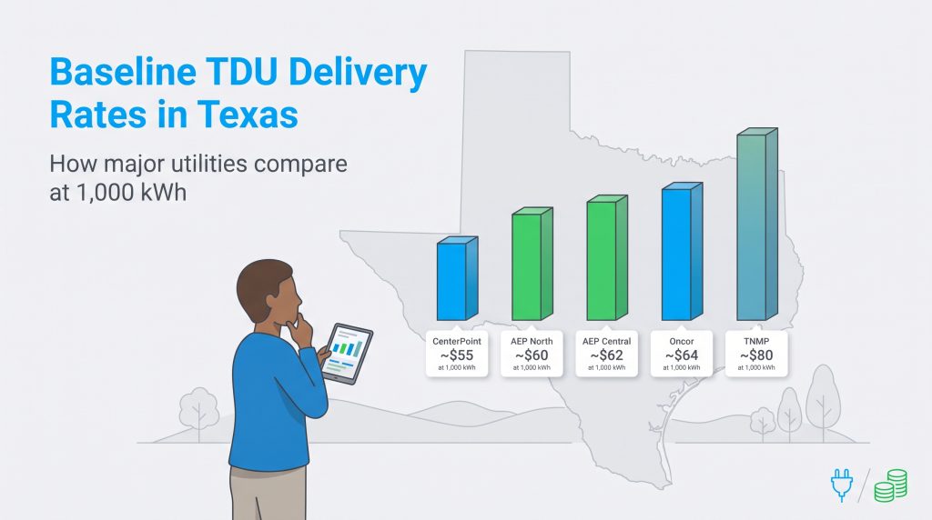 Chart comparing Texas TDU delivery rates where TNMP is highest and CenterPoint is lowest.