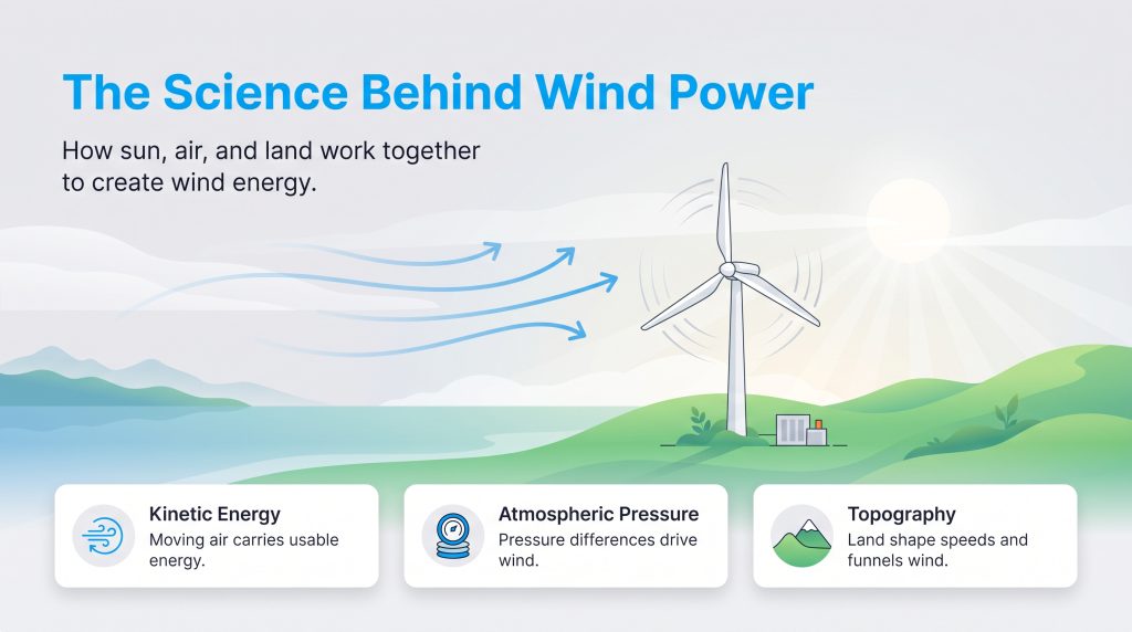 Graphic explaining wind power generation through kinetic energy, air pressure, and topography.