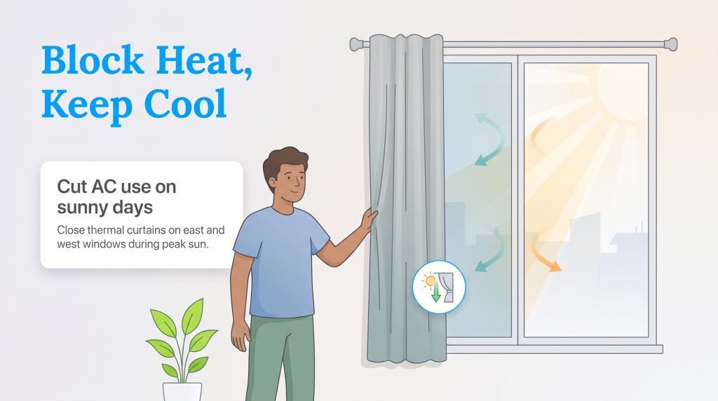 Illustration of a man closing thermal curtains on a sunny day to block heat