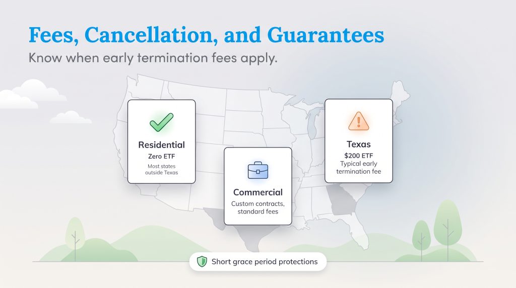 Graphic displaying early termination fees for residential, commercial, and Texas accounts.
