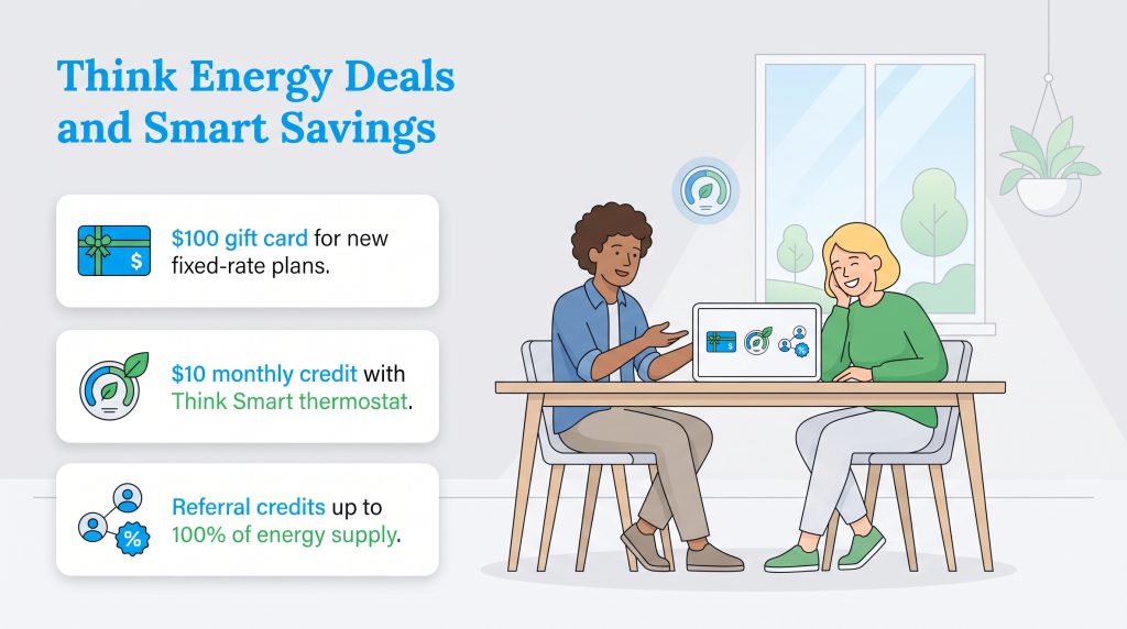 Two people looking at a laptop showing Think Energy deals, savings, and referral programs.