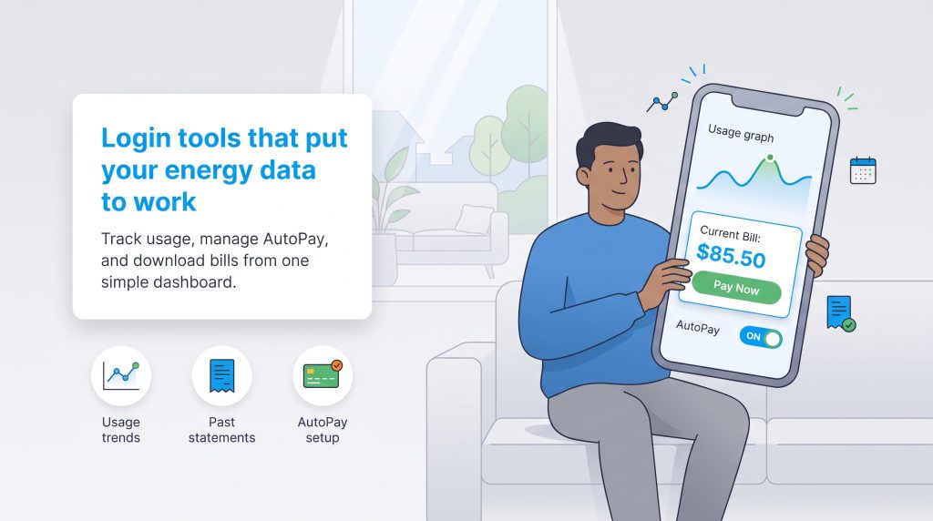 Man holding a large smartphone displaying energy usage, current bill, and AutoPay features.