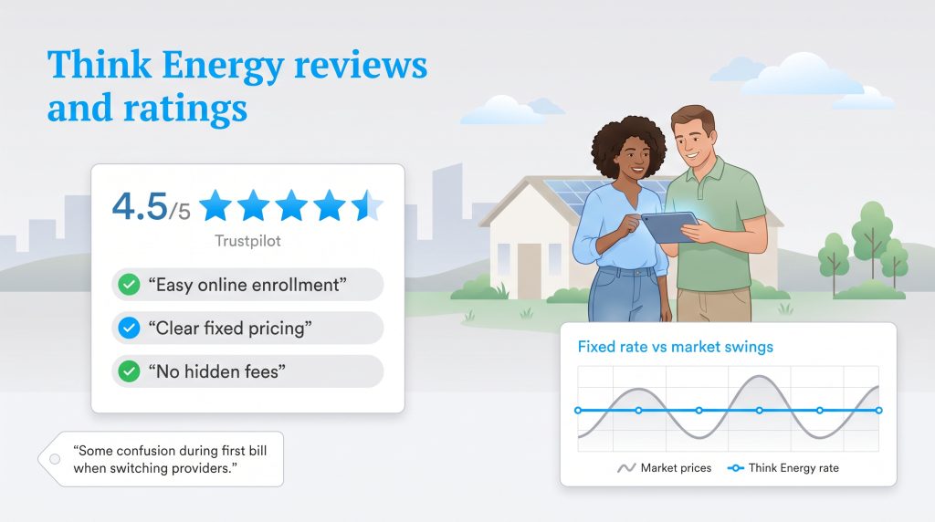 Infographic showing Think Energy 4.5 star Trustpilot rating, reviews, and stable fixed rates.