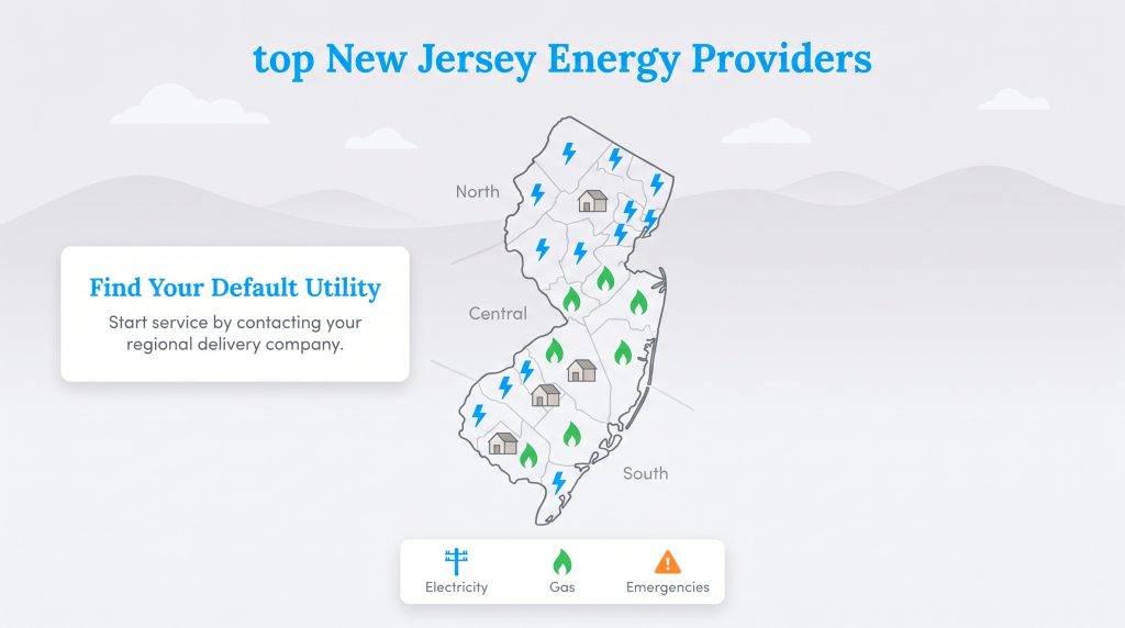 Map of New Jersey showing regions for default electricity and gas utility services.