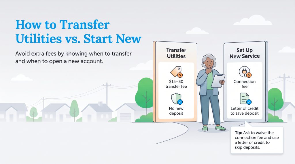 Graphic comparing transferring utilities versus starting new services with costs and tips.
