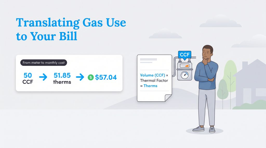 Diagram demonstrating the formula to convert CCF to therms to calculate a gas bill