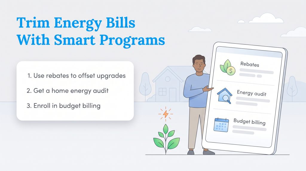 Graphic listing tips to trim energy bills including rebates, energy audits, and budget billing.