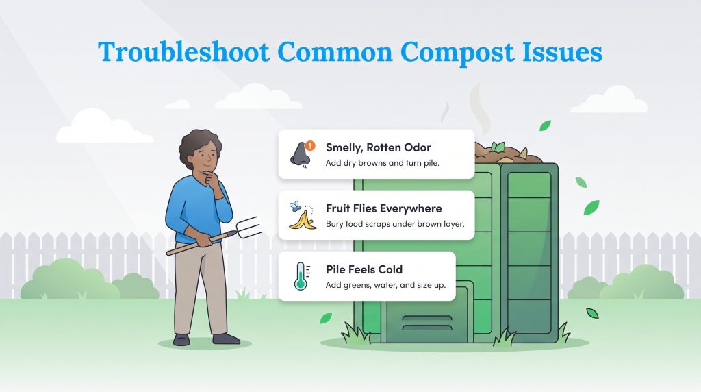Guide to troubleshooting common compost issues like rotten odor, fruit flies, and a cold pile