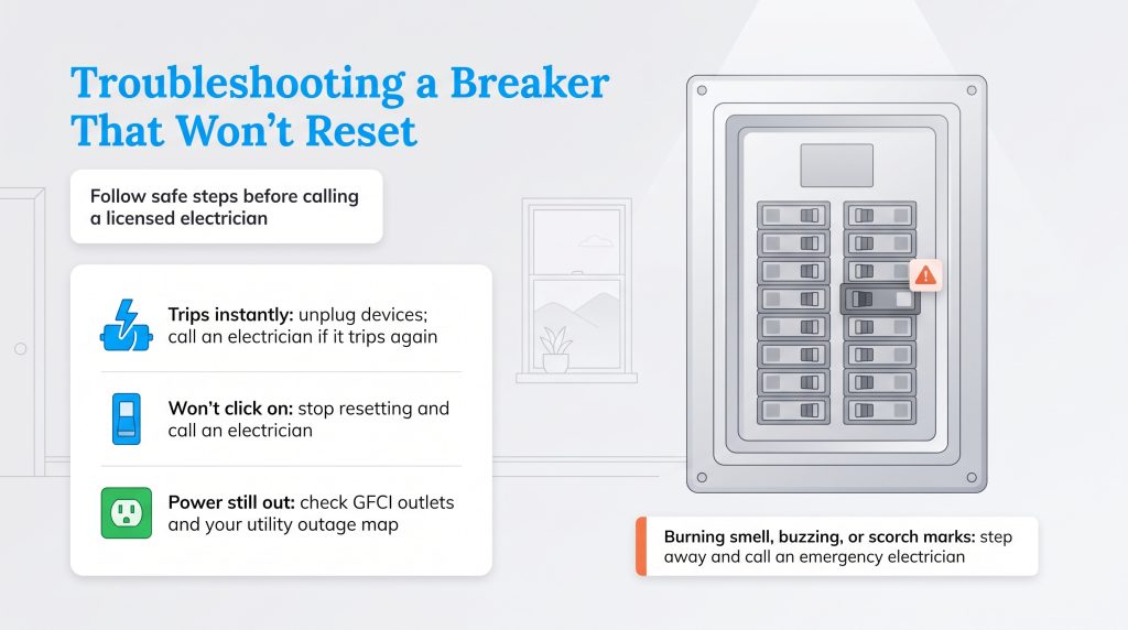 Guide for troubleshooting a circuit breaker that will not reset.