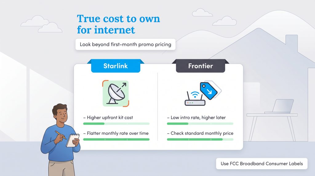 Comparison of Starlink and Frontier internet true cost to own features.