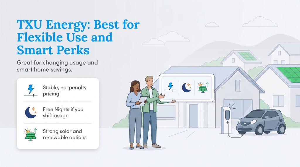 Graphic listing TXU Energy perks like stable pricing, free nights, and solar options.