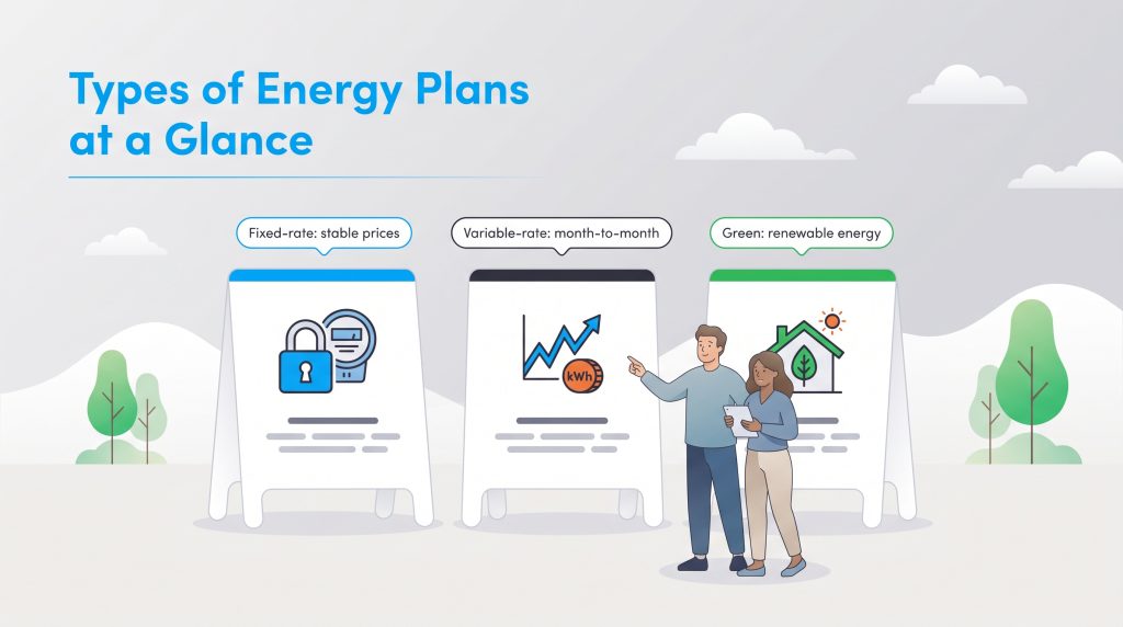 Illustration comparing fixed-rate, variable-rate, and green renewable energy plans