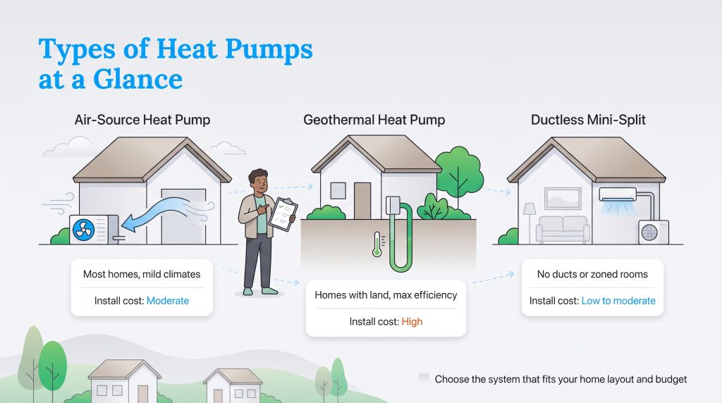 Illustration comparing air-source, geothermal, and ductless mini-split heat pump options.