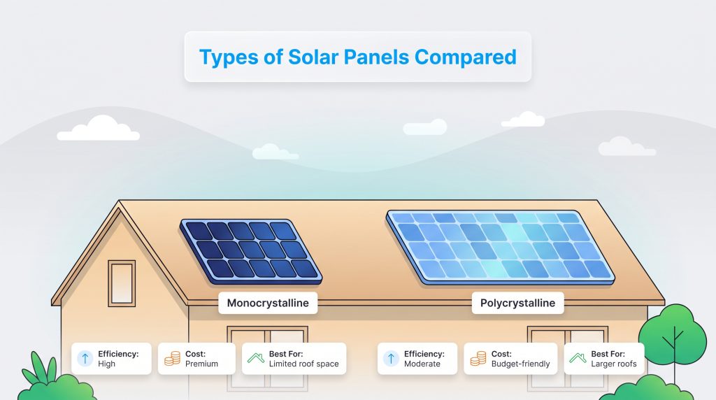 Comparison of monocrystalline and polycrystalline solar panels installed on a house roof