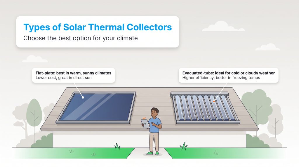 Diagram comparing flat-plate and evacuated-tube solar thermal collectors on a roof.