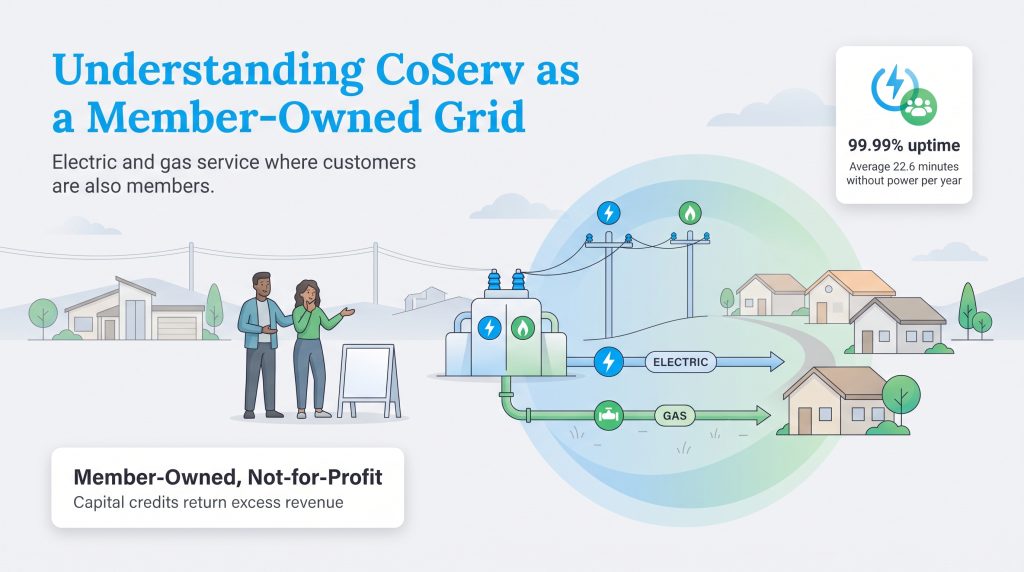 Infographic explaining CoServ as a member-owned electric and gas cooperative with high uptime