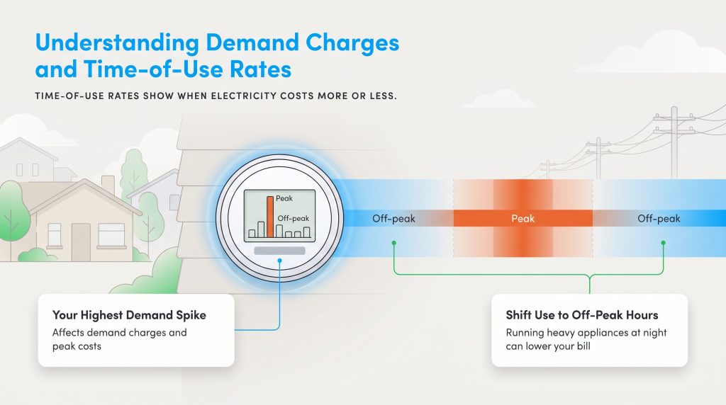 Diagram showing energy demand spikes and the benefits of shifting usage to off-peak hours.