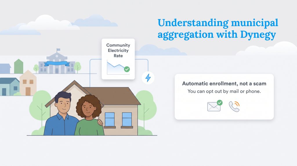 Illustration explaining Dynegy municipal aggregation automatic enrollment and how to opt out.