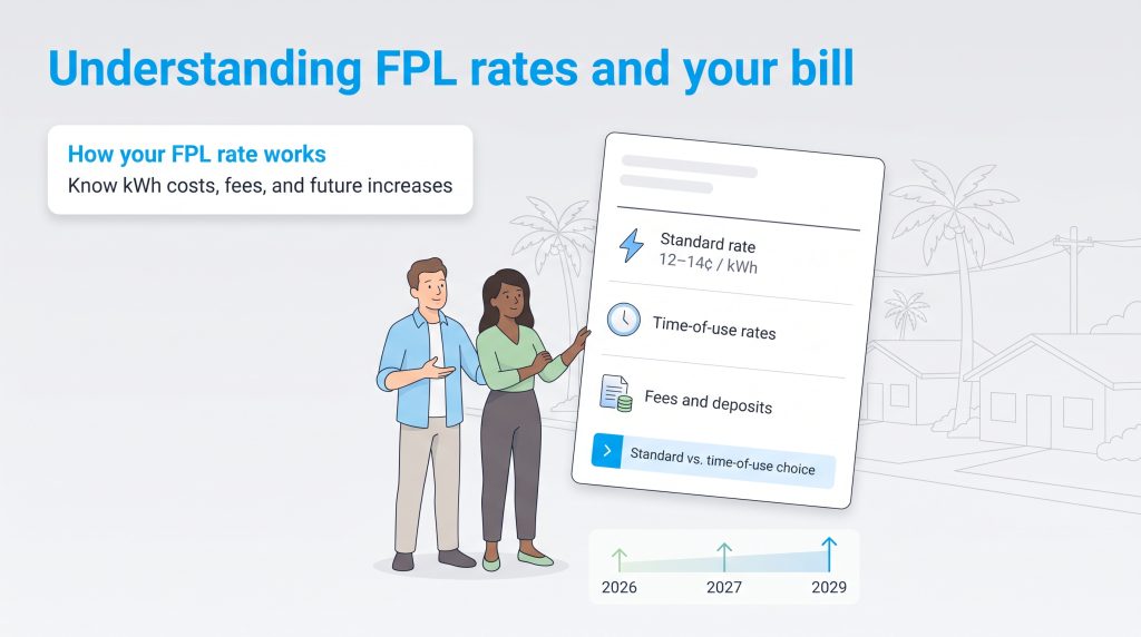 Illustration of a couple reviewing FPL utility billing rates and future cost increases.