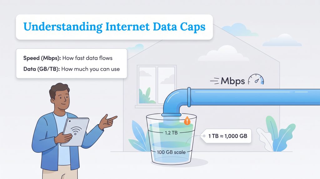 An illustration comparing internet speed to a water pipe and data caps to a glass measuring cup