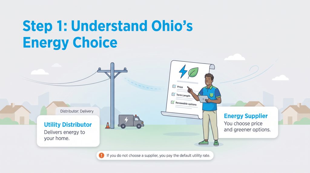 Graphic comparing utility distributors that deliver power and energy suppliers that sell it