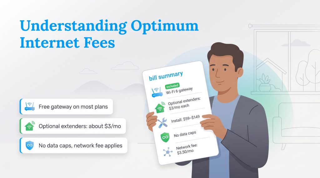 Illustration of a man holding a bill summary detailing Optimum internet fees and equipment.
