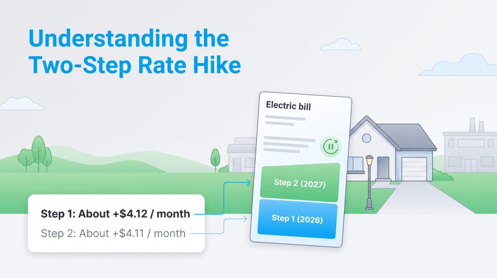 Graphic of electric rate increases showing Step 1 in 2026 and Step 2 in 2027.