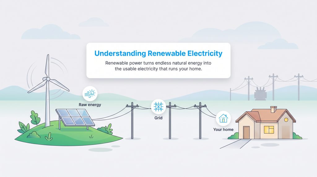 Diagram showing how raw renewable energy travels through the grid to power a home.